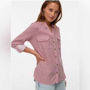 LOFT Women’s Stripped Dress Shirt Maroon and White Size L